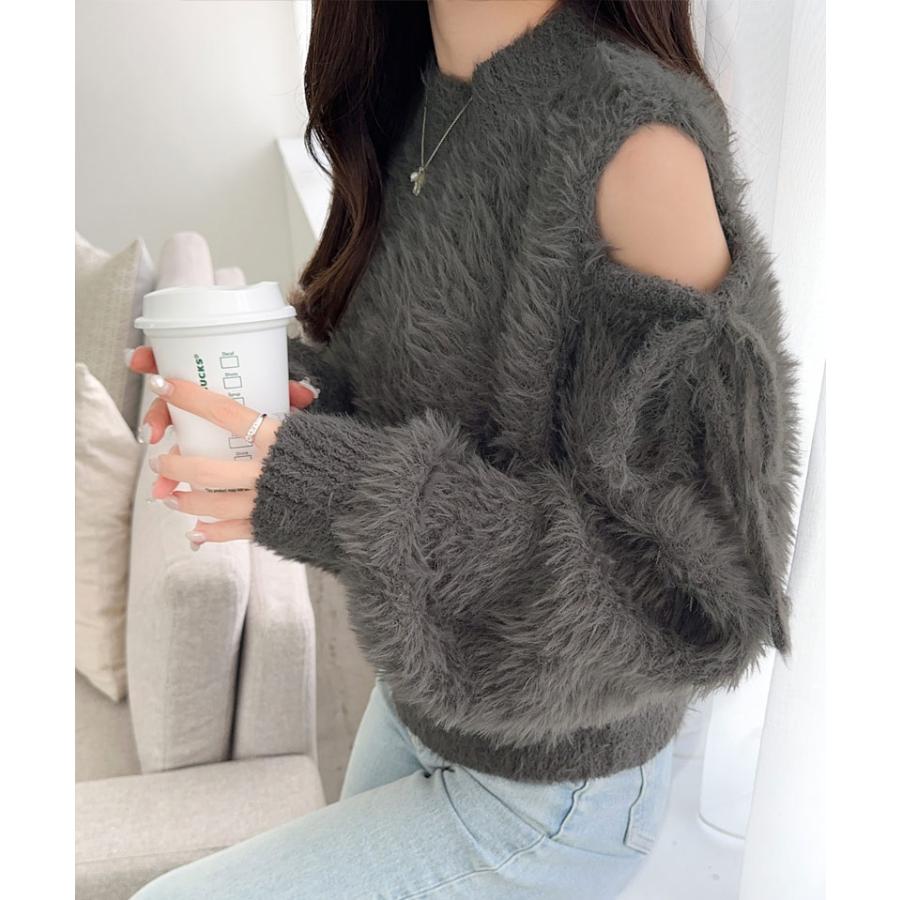 【mily bilet】 トップス ニット レディース シャギーニット 肩スリット 袖リボン プルオーバー ショート丈 リボン オフショルゆったり フェミニン | classicalelf | 07