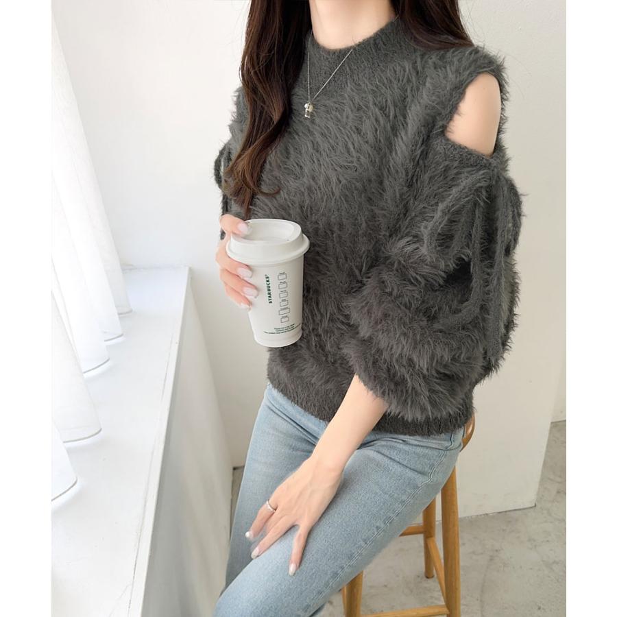 【mily bilet】 トップス ニット レディース シャギーニット 肩スリット 袖リボン プルオーバー ショート丈 リボン オフショルゆったり フェミニン | classicalelf | 08