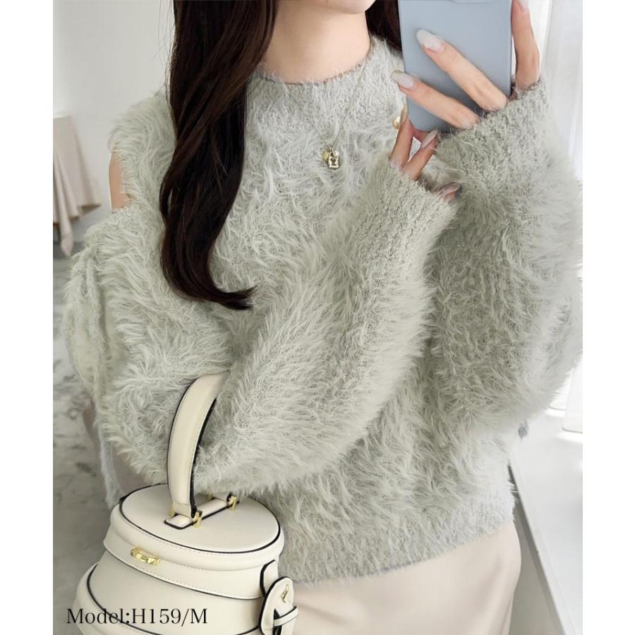 【mily bilet】 トップス ニット レディース シャギーニット 肩スリット 袖リボン プルオーバー ショート丈 リボン オフショルゆったり フェミニン | classicalelf | 09