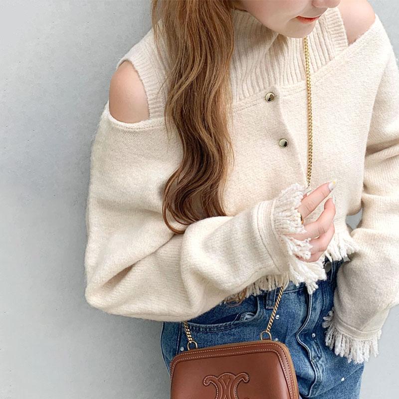 【mily bilet】 トップス カーディガン レディース ニット セットアンサンブル リブニット 裾フリンジ オフショル 2way仕様 アンサンブル ゆったり | classicalelf