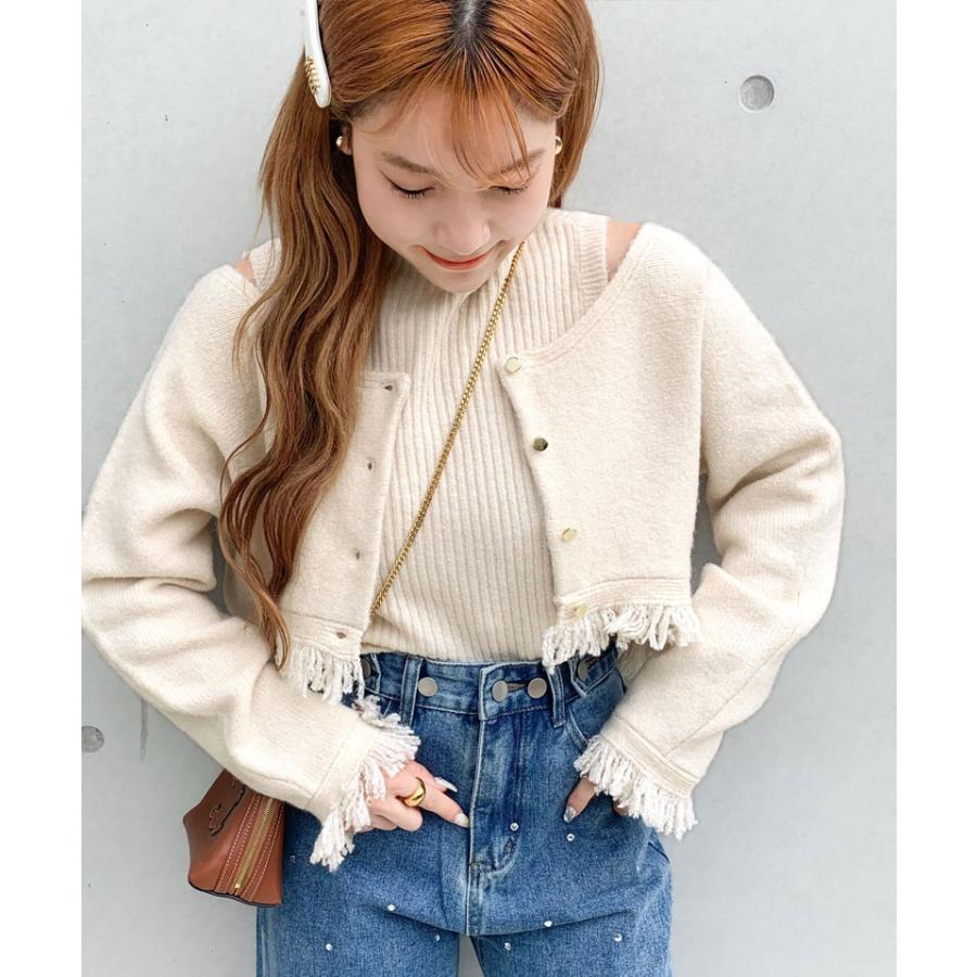 【mily bilet】 トップス カーディガン レディース ニット セットアンサンブル リブニット 裾フリンジ オフショル 2way仕様 アンサンブル ゆったり | classicalelf | 04