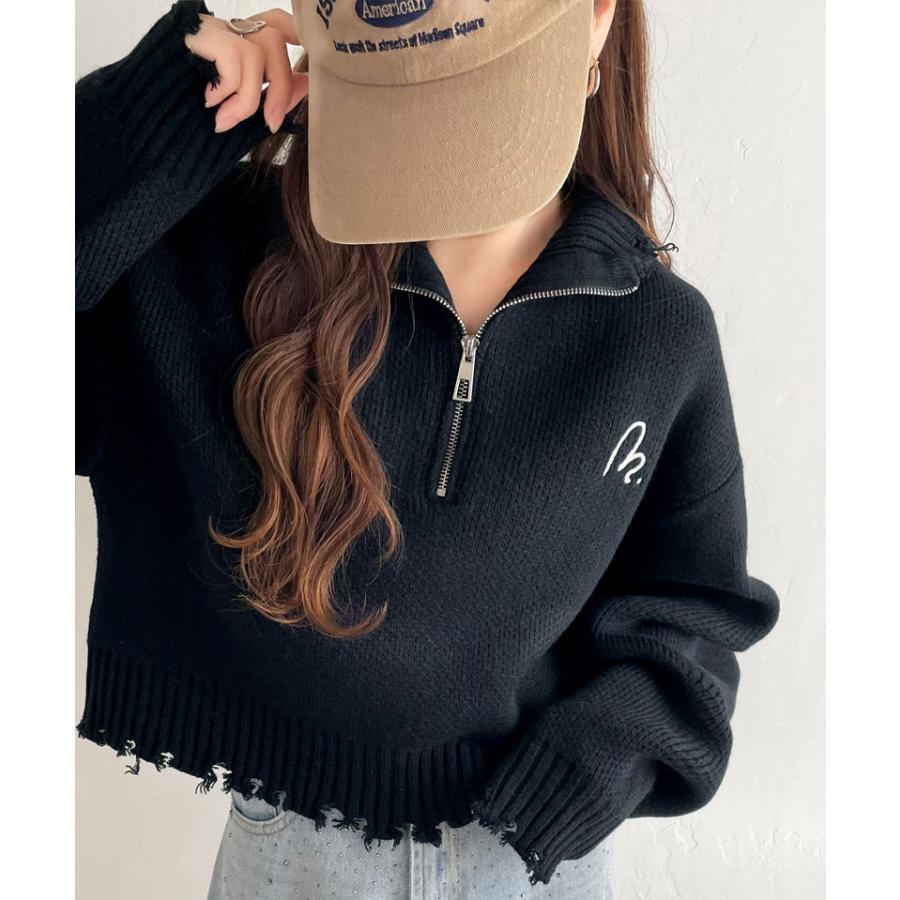 【mily bilet】 トップス ニット レディース ハーフジップ ダメージ 胸刺繍 ワンポイント クラッシュ ダメージニット 短丈 クロップド丈 レイヤード | classicalelf | 10