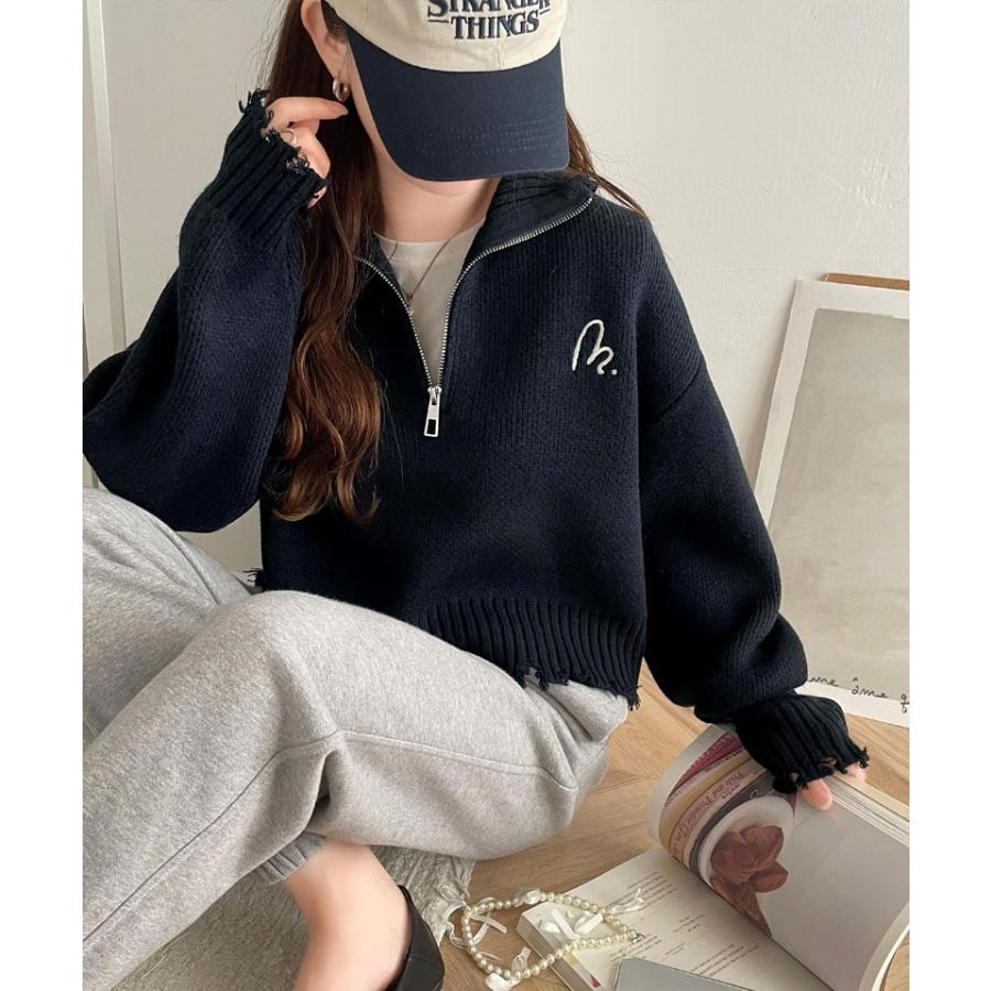 【mily bilet】 トップス ニット レディース ハーフジップ ダメージ 胸刺繍 ワンポイント クラッシュ ダメージニット 短丈 クロップド丈 レイヤード | classicalelf | 11