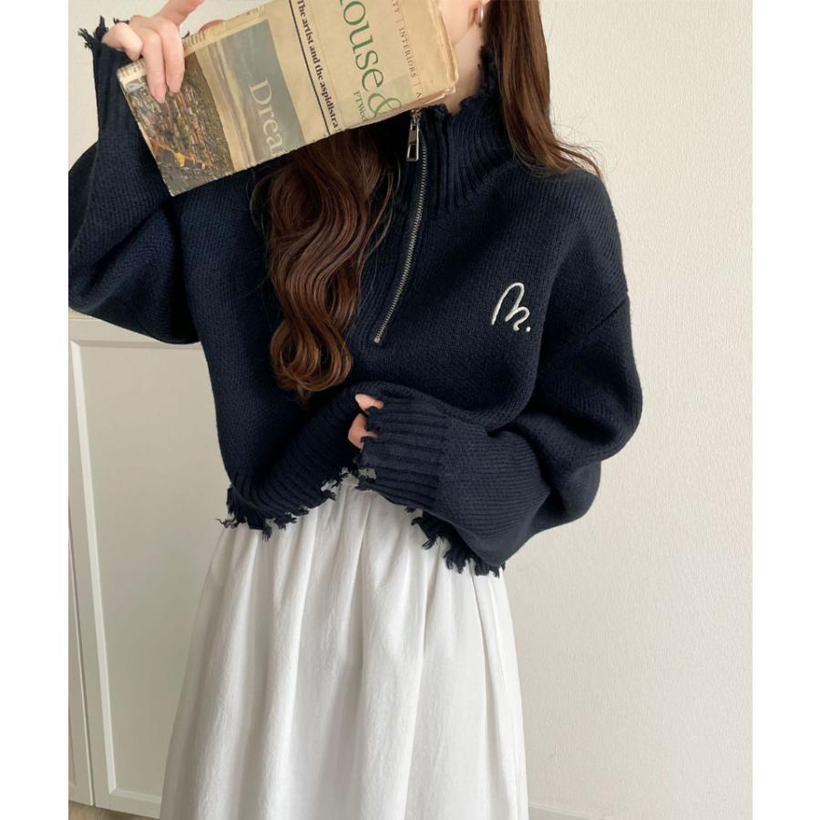 【mily bilet】 トップス ニット レディース ハーフジップ ダメージ 胸刺繍 ワンポイント クラッシュ ダメージニット 短丈 クロップド丈 レイヤード | classicalelf | 12