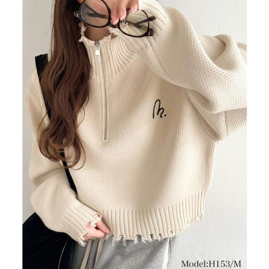 【mily bilet】 トップス ニット レディース ハーフジップ ダメージ 胸刺繍 ワンポイント クラッシュ ダメージニット 短丈 クロップド丈 レイヤード | classicalelf | 03