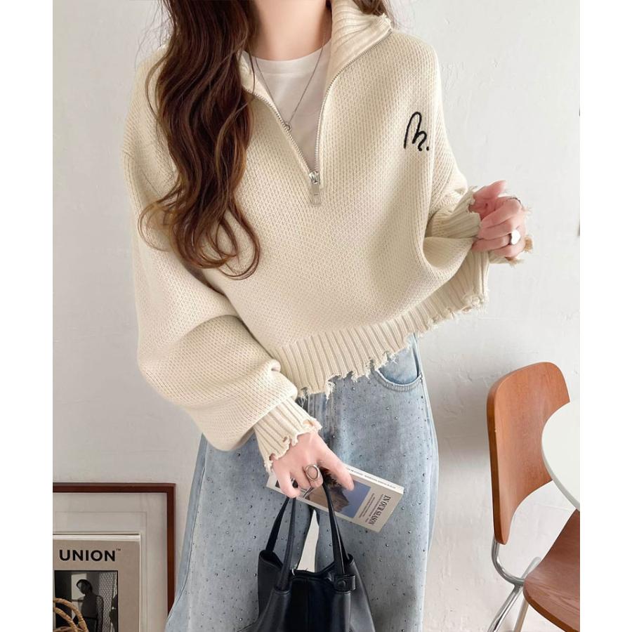 【mily bilet】 トップス ニット レディース ハーフジップ ダメージ 胸刺繍 ワンポイント クラッシュ ダメージニット 短丈 クロップド丈 レイヤード | classicalelf | 04