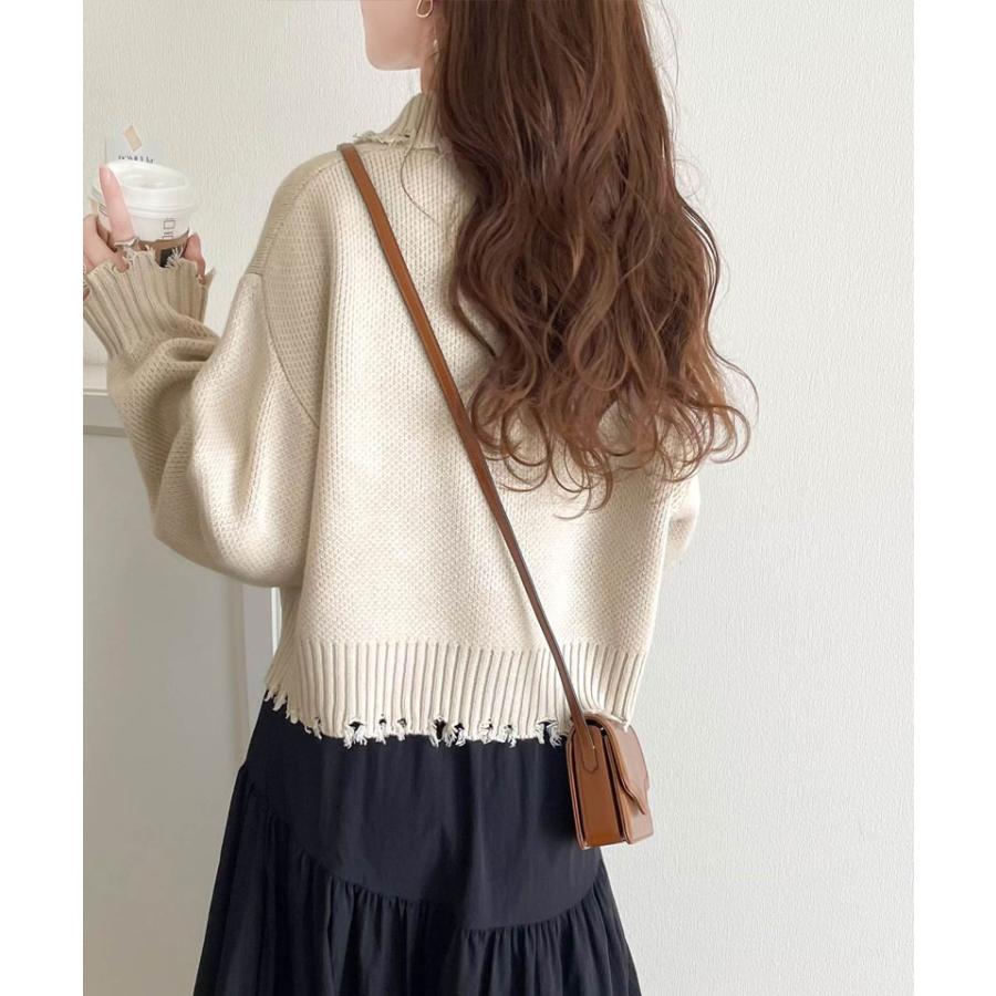 【mily bilet】 トップス ニット レディース ハーフジップ ダメージ 胸刺繍 ワンポイント クラッシュ ダメージニット 短丈 クロップド丈 レイヤード | classicalelf | 05