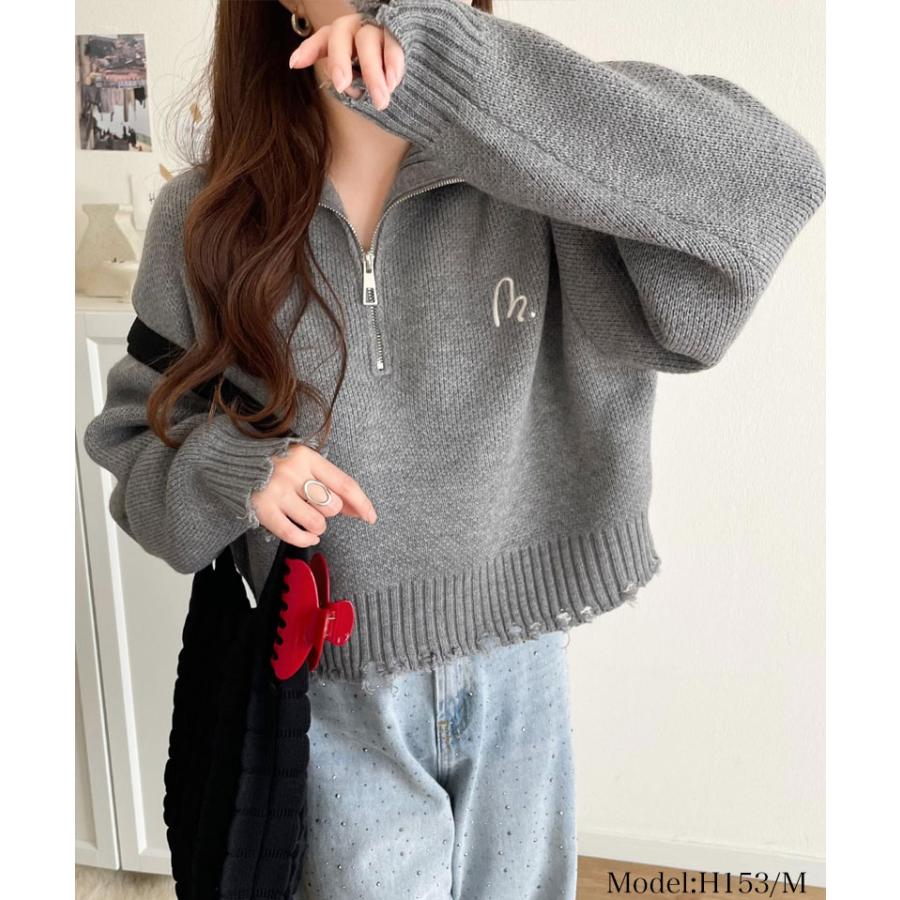 【mily bilet】 トップス ニット レディース ハーフジップ ダメージ 胸刺繍 ワンポイント クラッシュ ダメージニット 短丈 クロップド丈 レイヤード | classicalelf | 06
