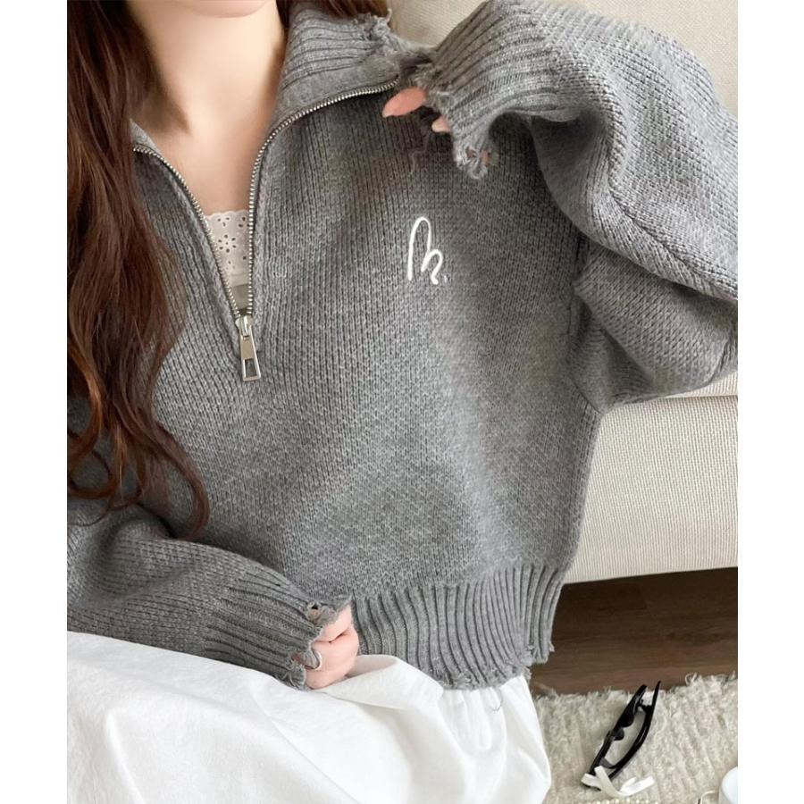 【mily bilet】 トップス ニット レディース ハーフジップ ダメージ 胸刺繍 ワンポイント クラッシュ ダメージニット 短丈 クロップド丈 レイヤード | classicalelf | 07