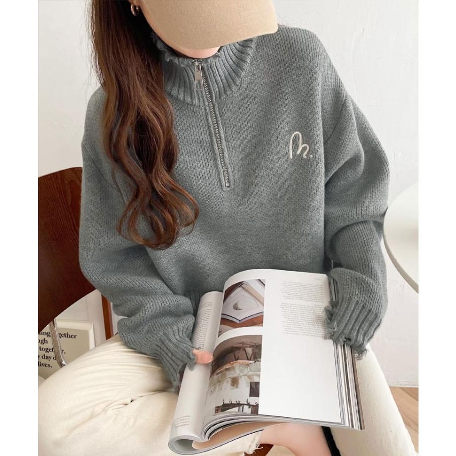 【mily bilet】 トップス ニット レディース ハーフジップ ダメージ 胸刺繍 ワンポイント クラッシュ ダメージニット 短丈 クロップド丈 レイヤード | classicalelf | 08