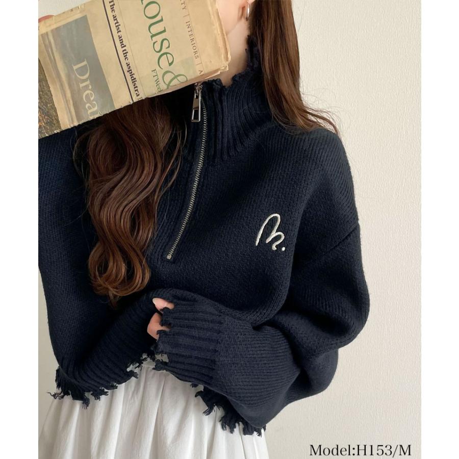 【mily bilet】 トップス ニット レディース ハーフジップ ダメージ 胸刺繍 ワンポイント クラッシュ ダメージニット 短丈 クロップド丈 レイヤード | classicalelf | 09