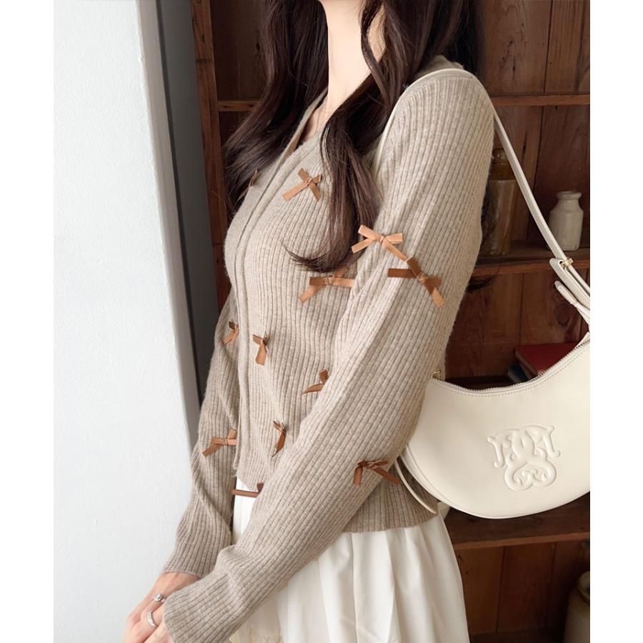 【mily bilet】トップス カーディガン リブニット レディース リボン サテンリボン Vネック カーデ フェミニン コンパクト 大きいサイズ | classicalelf | 10