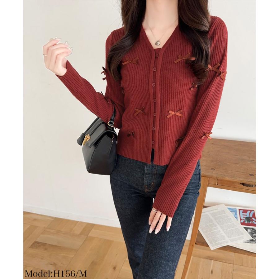 【mily bilet】トップス カーディガン リブニット レディース リボン サテンリボン Vネック カーデ フェミニン コンパクト 大きいサイズ | classicalelf | 11