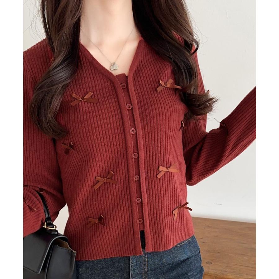 【mily bilet】トップス カーディガン リブニット レディース リボン サテンリボン Vネック カーデ フェミニン コンパクト 大きいサイズ | classicalelf | 12
