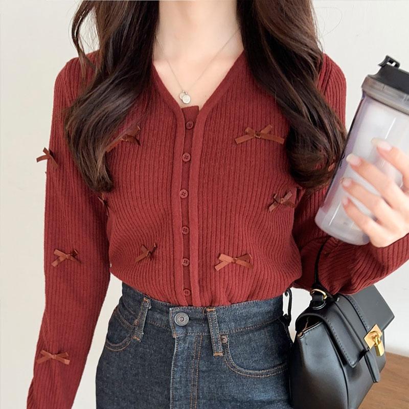 【mily bilet】トップス カーディガン リブニット レディース リボン サテンリボン Vネック カーデ フェミニン コンパクト 大きいサイズ | classicalelf | 15