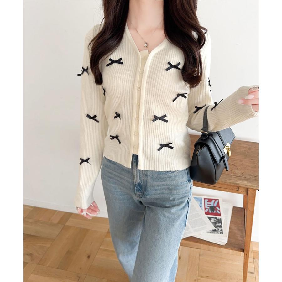 【mily bilet】トップス カーディガン リブニット レディース リボン サテンリボン Vネック カーデ フェミニン コンパクト 大きいサイズ | classicalelf | 04