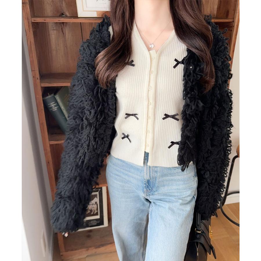 【mily bilet】トップス カーディガン リブニット レディース リボン サテンリボン Vネック カーデ フェミニン コンパクト 大きいサイズ | classicalelf | 05