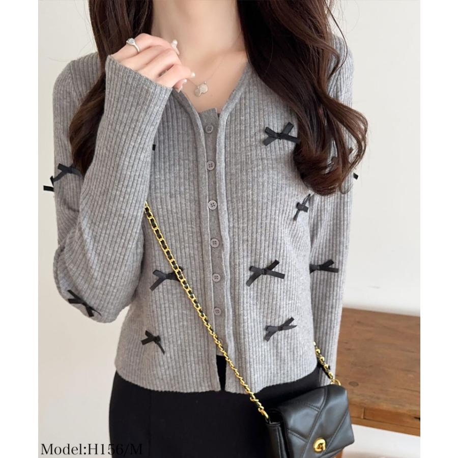 【mily bilet】トップス カーディガン リブニット レディース リボン サテンリボン Vネック カーデ フェミニン コンパクト 大きいサイズ | classicalelf | 06