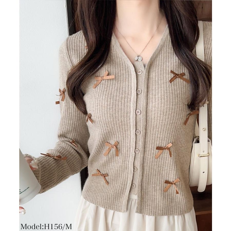 【mily bilet】トップス カーディガン リブニット レディース リボン サテンリボン Vネック カーデ フェミニン コンパクト 大きいサイズ | classicalelf | 08