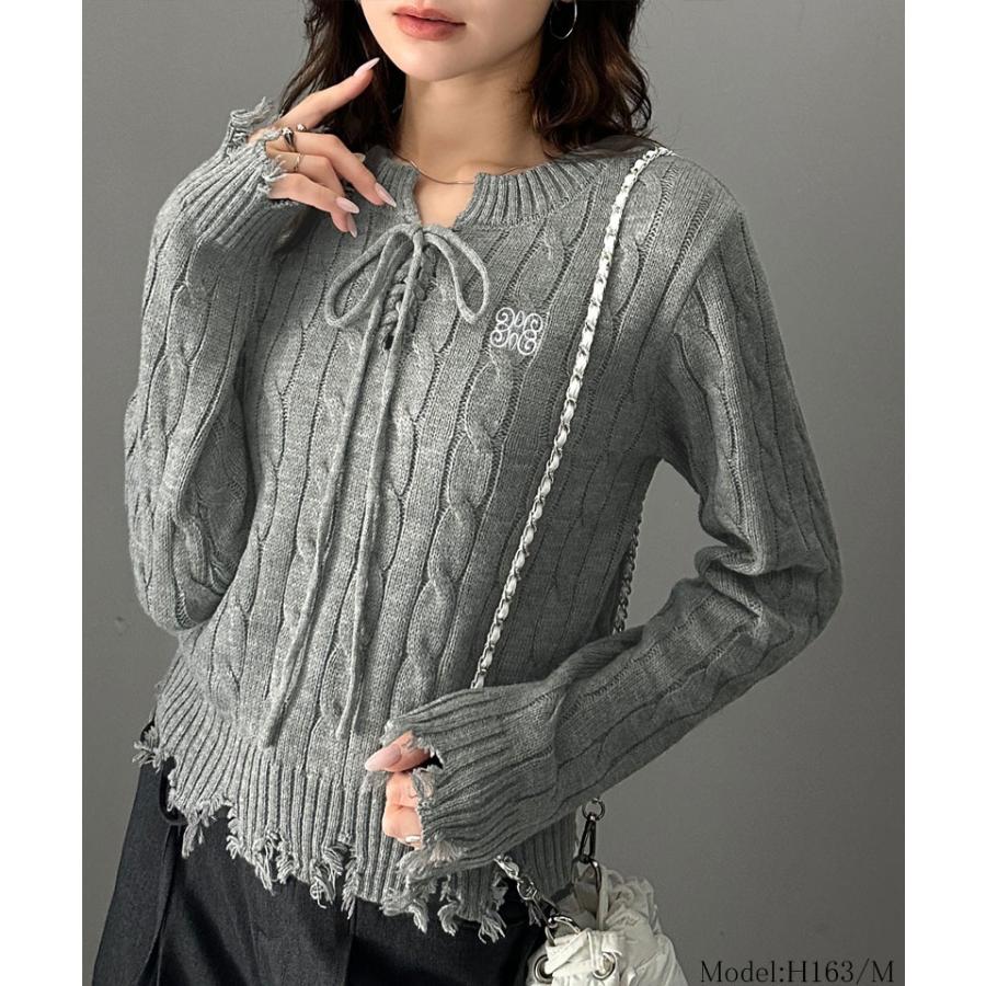 【mily bilet】 トップス ニット レディース ケーブル ダメージ レースアップ リボン 胸刺繍 ワンポイント コンパクト カジュアル セーター | classicalelf | 10