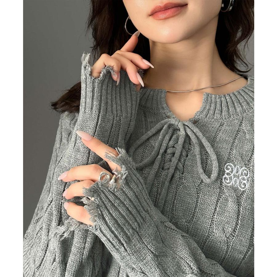 【mily bilet】 トップス ニット レディース ケーブル ダメージ レースアップ リボン 胸刺繍 ワンポイント コンパクト カジュアル セーター | classicalelf | 12