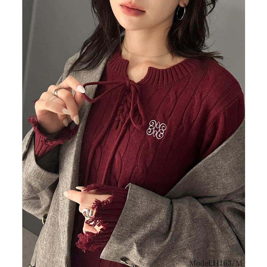 【mily bilet】 トップス ニット レディース ケーブル ダメージ レースアップ リボン 胸刺繍 ワンポイント コンパクト カジュアル セーター | classicalelf | 13