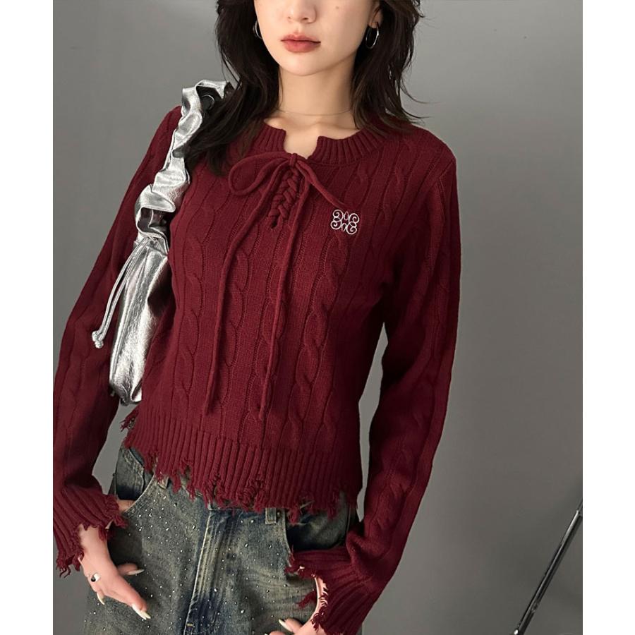 【mily bilet】 トップス ニット レディース ケーブル ダメージ レースアップ リボン 胸刺繍 ワンポイント コンパクト カジュアル セーター | classicalelf | 14