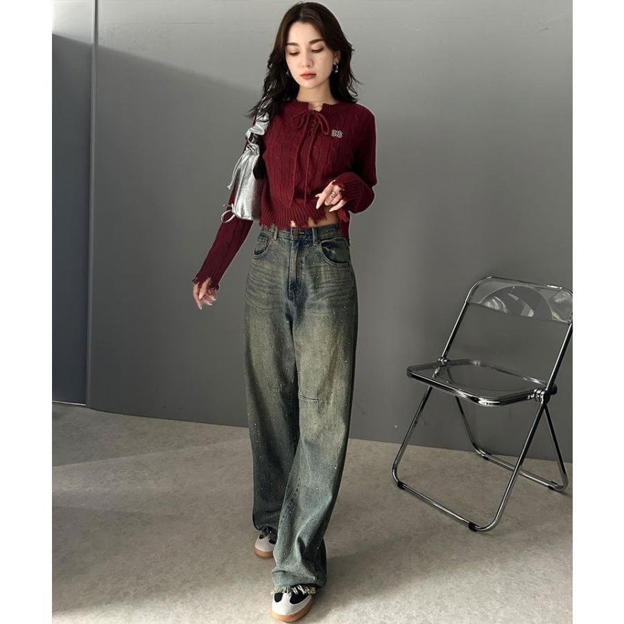 【mily bilet】 トップス ニット レディース ケーブル ダメージ レースアップ リボン 胸刺繍 ワンポイント コンパクト カジュアル セーター | classicalelf | 15