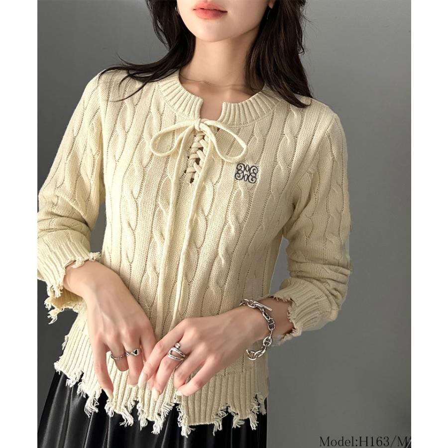 【mily bilet】 トップス ニット レディース ケーブル ダメージ レースアップ リボン 胸刺繍 ワンポイント コンパクト カジュアル セーター | classicalelf | 03