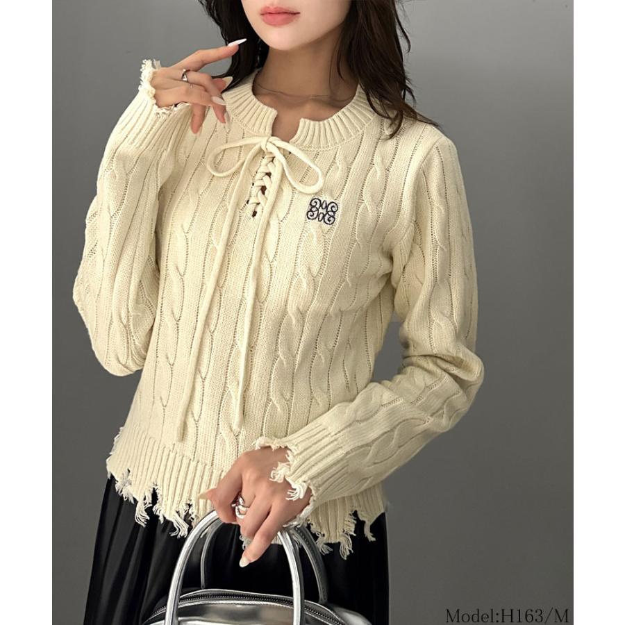 【mily bilet】 トップス ニット レディース ケーブル ダメージ レースアップ リボン 胸刺繍 ワンポイント コンパクト カジュアル セーター | classicalelf | 04