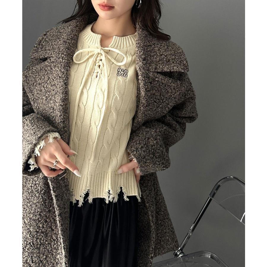 【mily bilet】 トップス ニット レディース ケーブル ダメージ レースアップ リボン 胸刺繍 ワンポイント コンパクト カジュアル セーター | classicalelf | 05