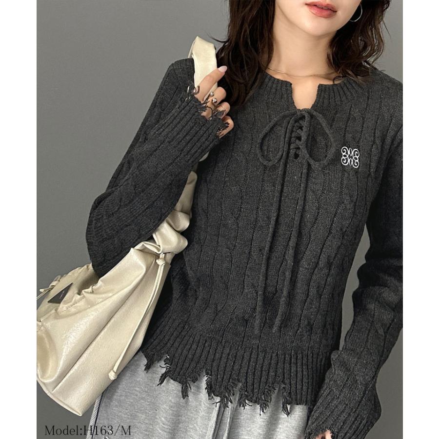 【mily bilet】 トップス ニット レディース ケーブル ダメージ レースアップ リボン 胸刺繍 ワンポイント コンパクト カジュアル セーター | classicalelf | 07