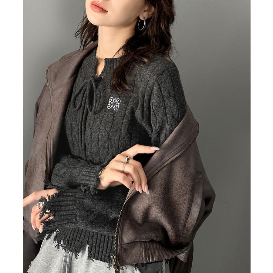 【mily bilet】 トップス ニット レディース ケーブル ダメージ レースアップ リボン 胸刺繍 ワンポイント コンパクト カジュアル セーター | classicalelf | 08