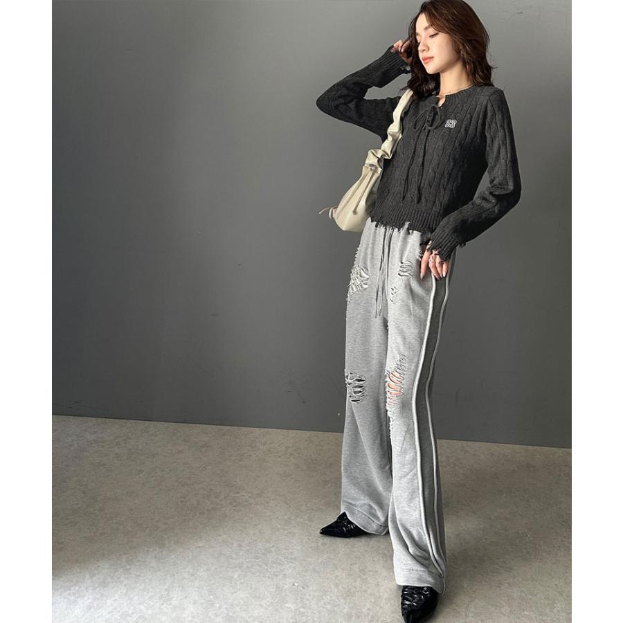 【mily bilet】 トップス ニット レディース ケーブル ダメージ レースアップ リボン 胸刺繍 ワンポイント コンパクト カジュアル セーター | classicalelf | 09