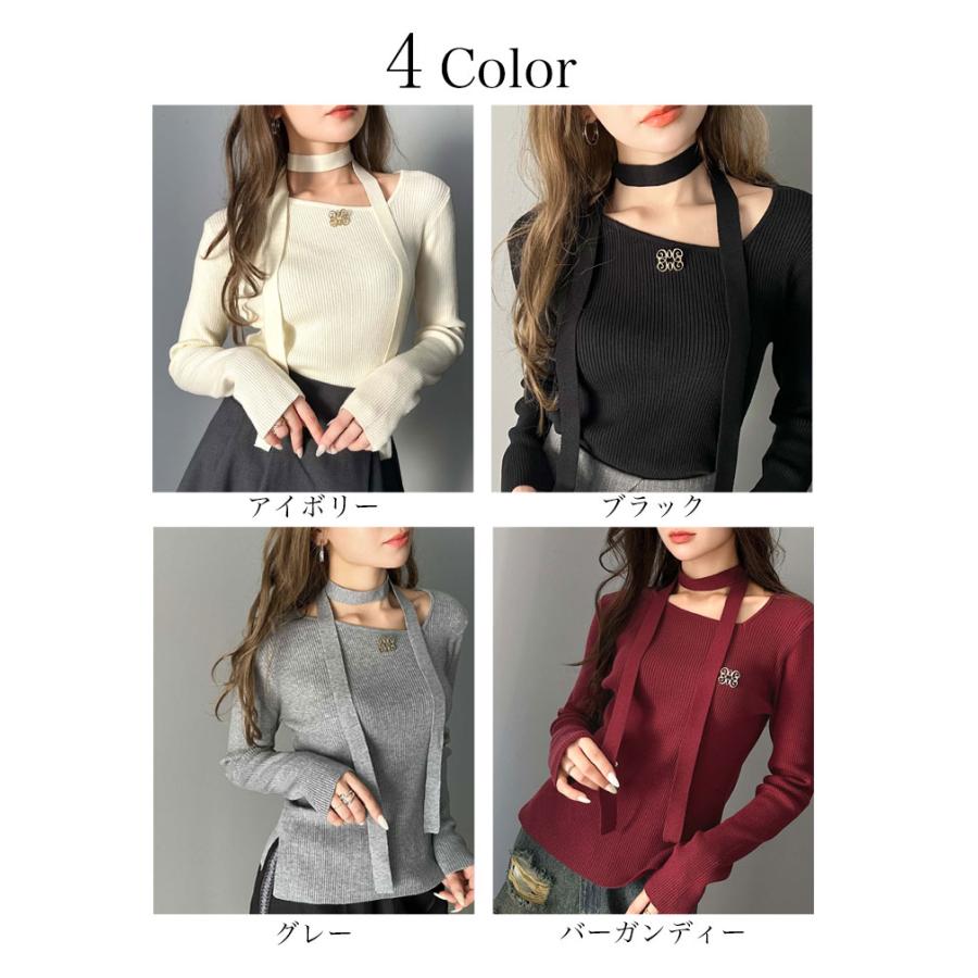 【mily bilet】 トップス ニット レディース ブローチ付き アシンメトリー オフショル ワンショル チョーカー マルチウェイ サイドスリット | classicalelf | 02