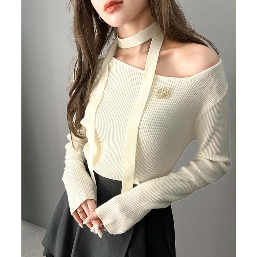 【mily bilet】 トップス ニット レディース ブローチ付き アシンメトリー オフショル ワンショル チョーカー マルチウェイ サイドスリット | classicalelf | 04