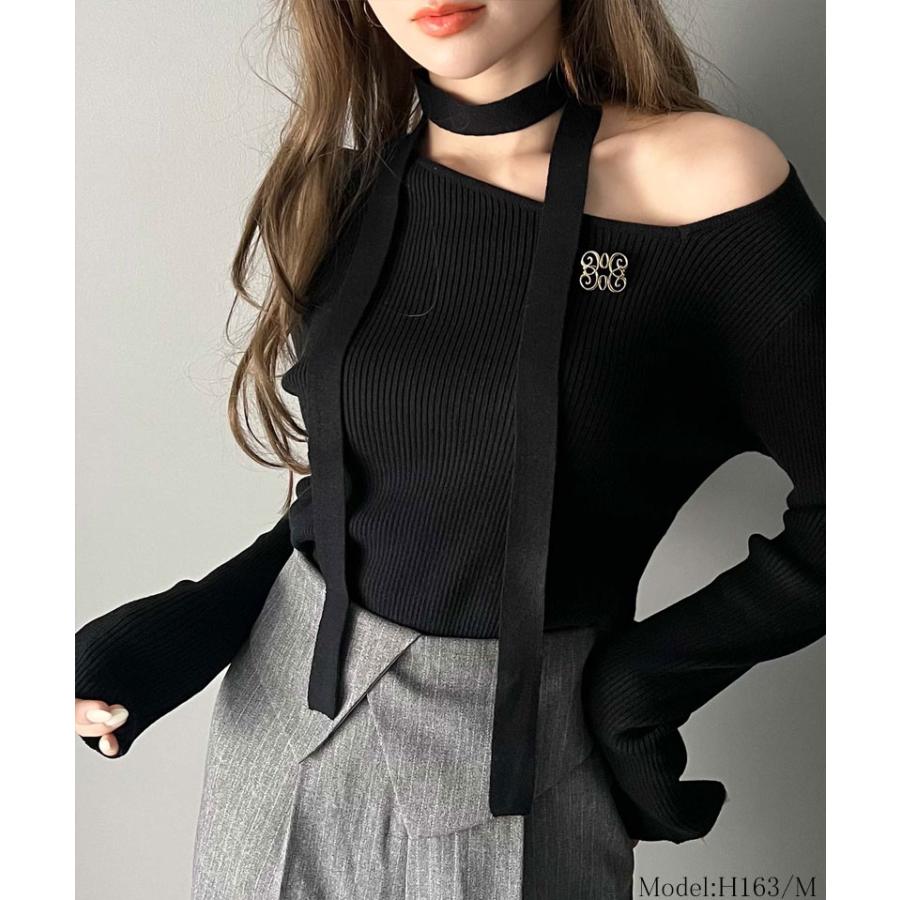 【mily bilet】 トップス ニット レディース ブローチ付き アシンメトリー オフショル ワンショル チョーカー マルチウェイ サイドスリット | classicalelf | 07