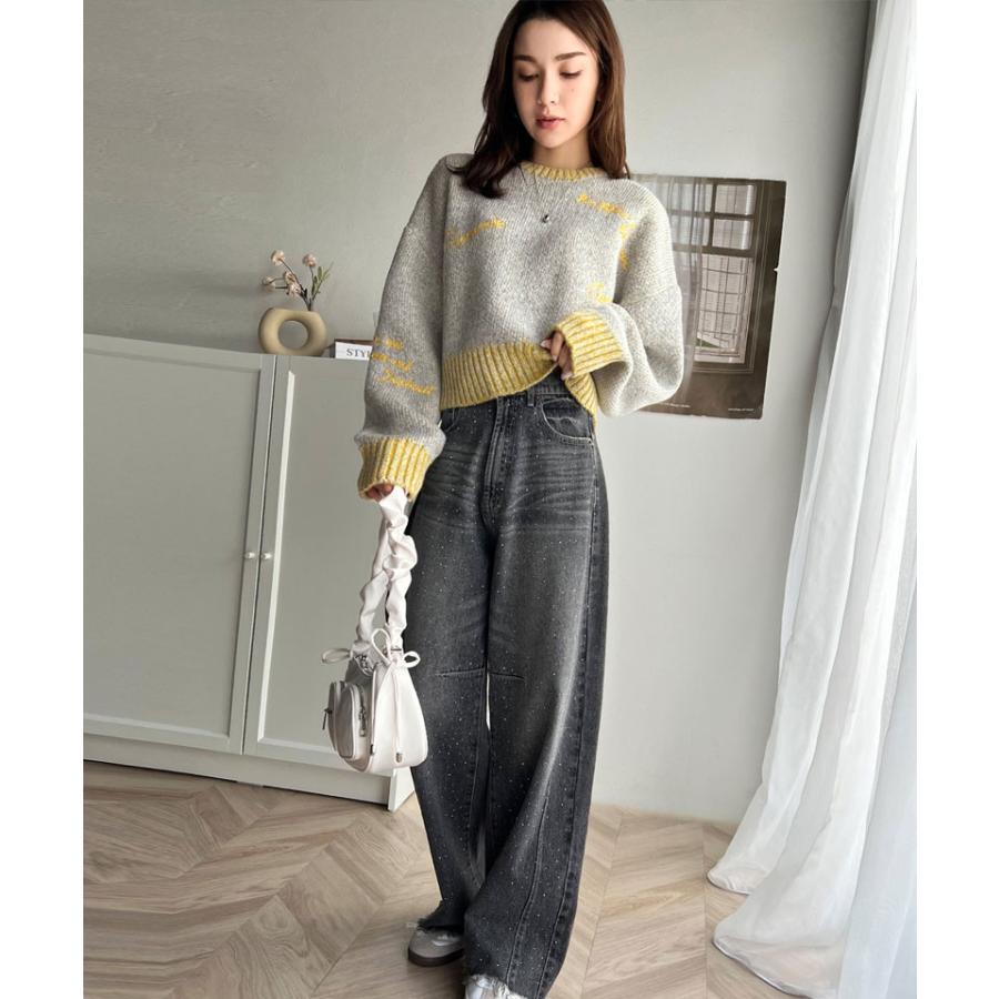 【mily bilet】 トップス ニット レディース ランダム刺繍 クロップド丈 配色リブ メランジ調 プルオーバー ミックス糸 カジュアル セーター | classicalelf | 11