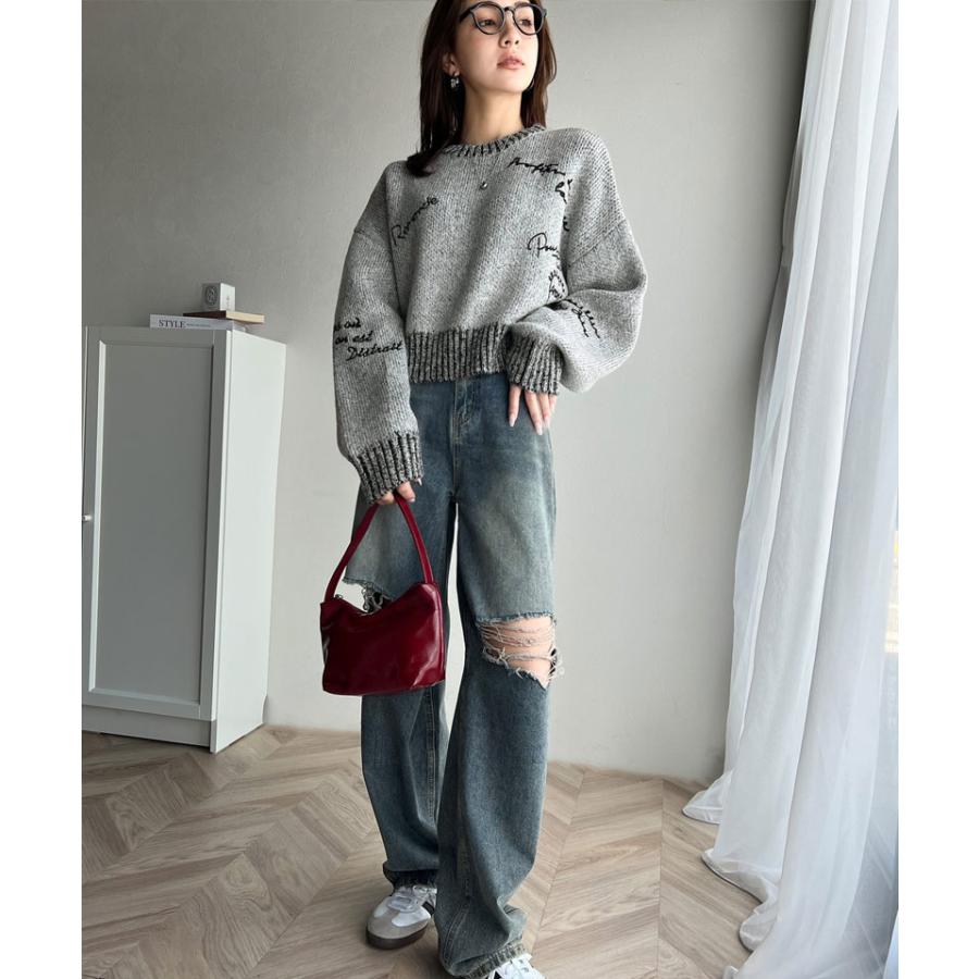 【mily bilet】 トップス ニット レディース ランダム刺繍 クロップド丈 配色リブ メランジ調 プルオーバー ミックス糸 カジュアル セーター | classicalelf | 08