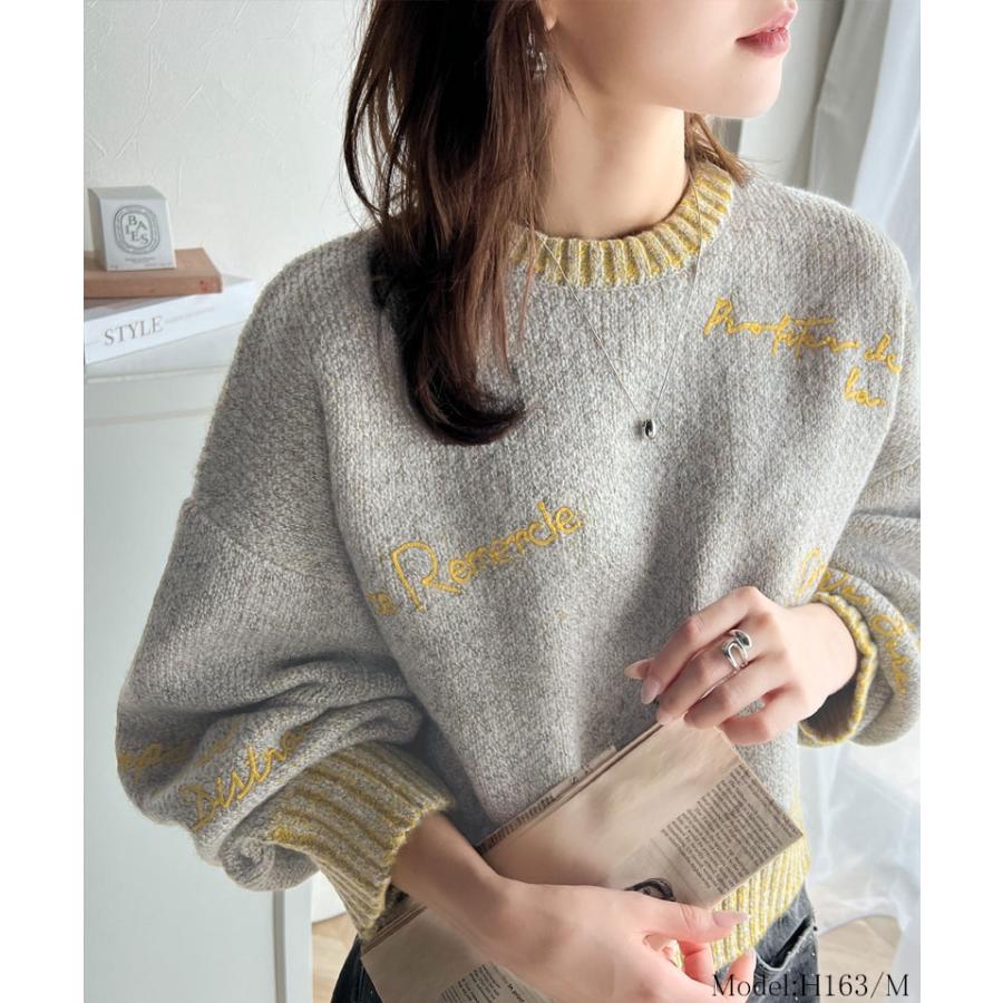 【mily bilet】 トップス ニット レディース ランダム刺繍 クロップド丈 配色リブ メランジ調 プルオーバー ミックス糸 カジュアル セーター | classicalelf | 09