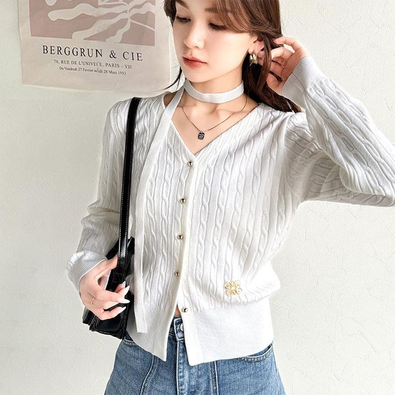 【mily bilet】 トップス カーディガン レディース チョーカー & ブローチ 付き ケーブル 編み V ネック カーディガン 羽織り インナー | classicalelf