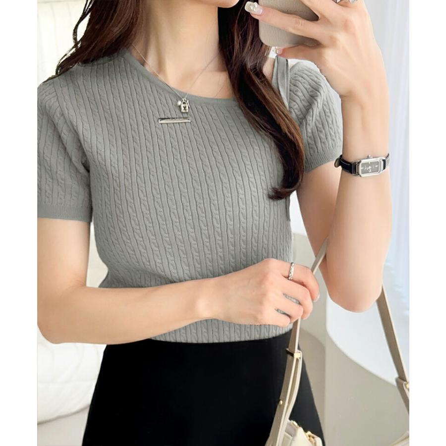 【mily bilet】トップス ニット レディース 高見え デザイン ロゴ プレート 付き 肩 リボン ケーブル柄 サマーニット 半袖 オフショルダー | classicalelf | 10