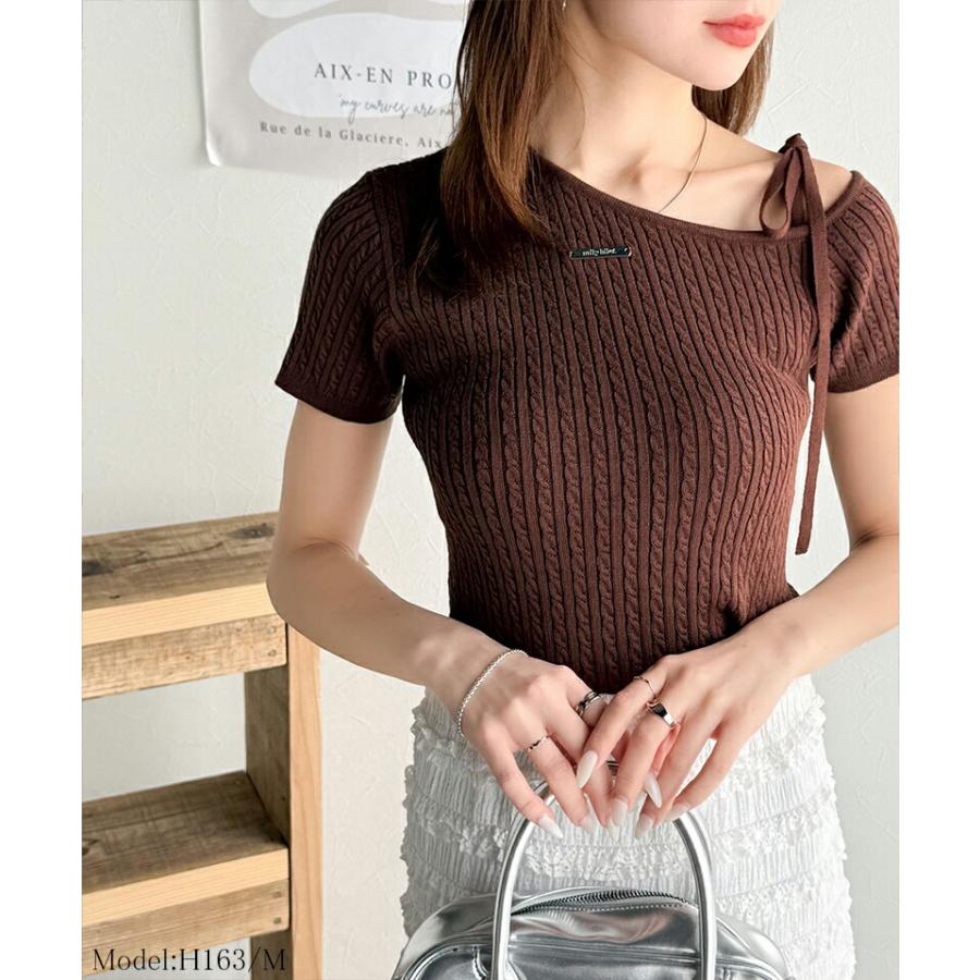 【mily bilet】トップス ニット レディース 高見え デザイン ロゴ プレート 付き 肩 リボン ケーブル柄 サマーニット 半袖 オフショルダー | classicalelf | 12