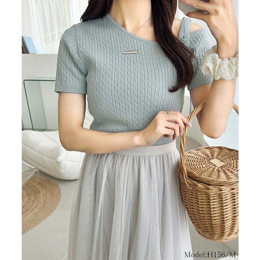 【mily bilet】トップス ニット レディース 高見え デザイン ロゴ プレート 付き 肩 リボン ケーブル柄 サマーニット 半袖 オフショルダー | classicalelf | 15