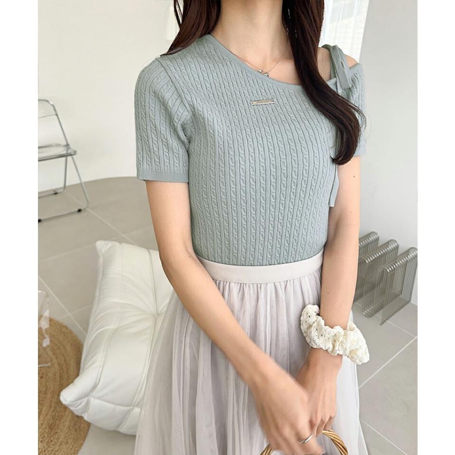 【mily bilet】トップス ニット レディース 高見え デザイン ロゴ プレート 付き 肩 リボン ケーブル柄 サマーニット 半袖 オフショルダー | classicalelf | 16