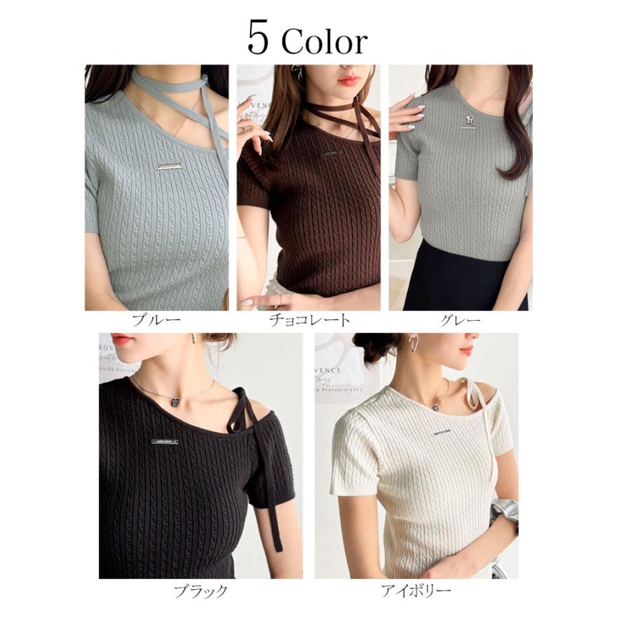 【mily bilet】トップス ニット レディース 高見え デザイン ロゴ プレート 付き 肩 リボン ケーブル柄 サマーニット 半袖 オフショルダー | classicalelf | 02