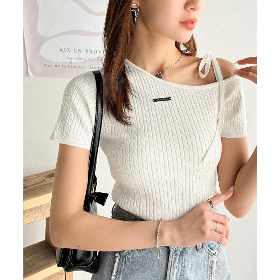 【mily bilet】トップス ニット レディース 高見え デザイン ロゴ プレート 付き 肩 リボン ケーブル柄 サマーニット 半袖 オフショルダー | classicalelf | 05