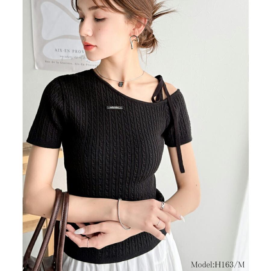 【mily bilet】トップス ニット レディース 高見え デザイン ロゴ プレート 付き 肩 リボン ケーブル柄 サマーニット 半袖 オフショルダー | classicalelf | 06