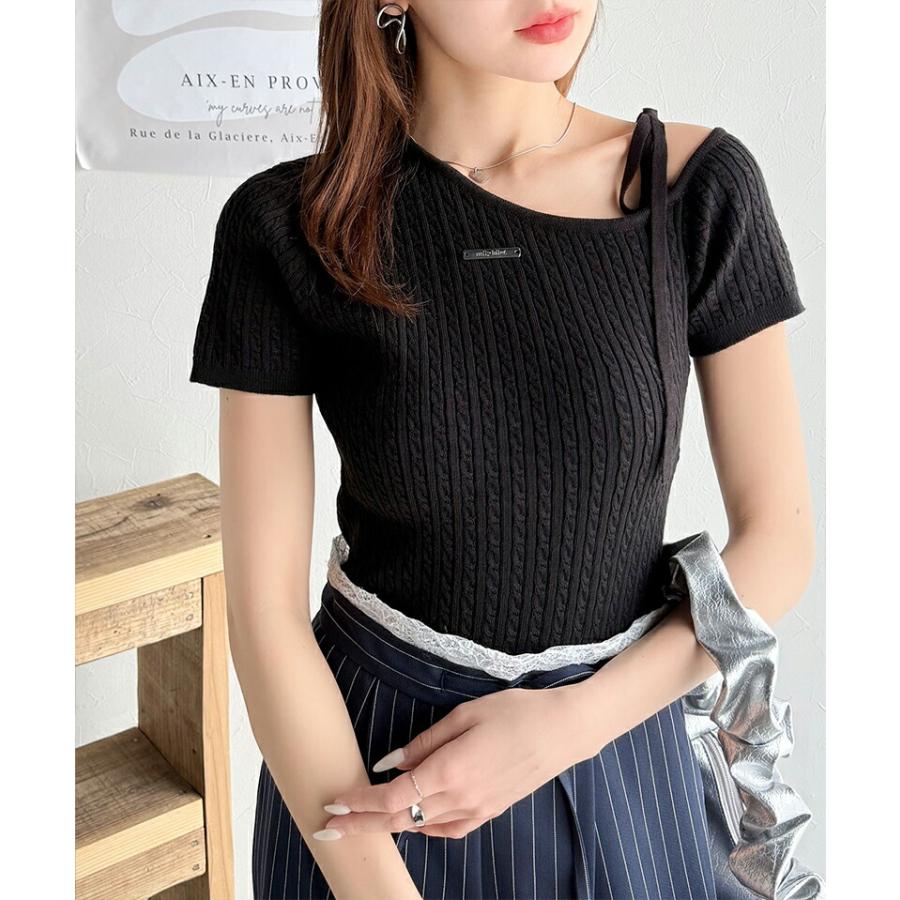 【mily bilet】トップス ニット レディース 高見え デザイン ロゴ プレート 付き 肩 リボン ケーブル柄 サマーニット 半袖 オフショルダー | classicalelf | 07