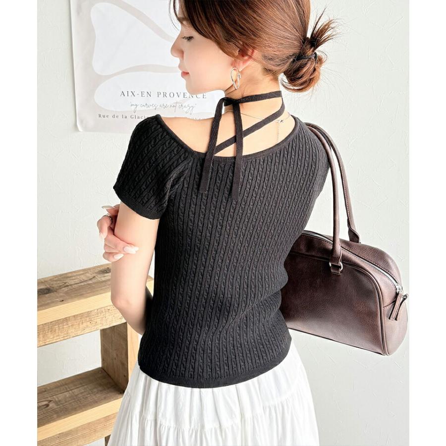 【mily bilet】トップス ニット レディース 高見え デザイン ロゴ プレート 付き 肩 リボン ケーブル柄 サマーニット 半袖 オフショルダー | classicalelf | 08